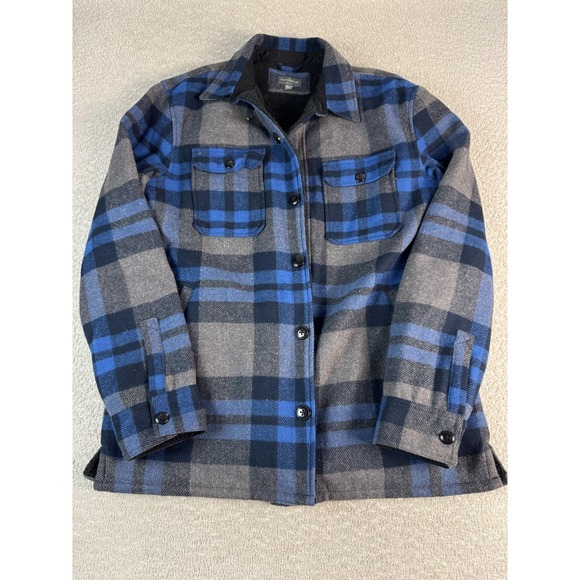 LL Bean Signature Jacket Mens XL Tall Blue Gray Plaid Wool Sherpa Lined Shacket - Picture 1 of 8